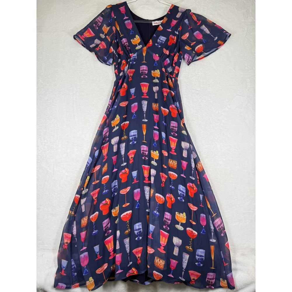 Nuuly Says Gah Cocktail Glass Print Maxi Dress Navy Blue Flutter Sleeve XS